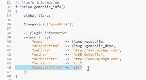 Edit GoMobile.php "compatibility" to "18*"
