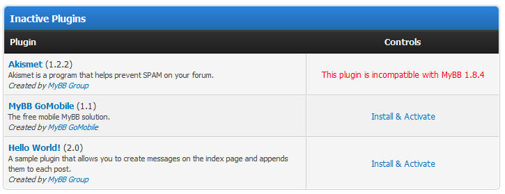 Click "Install & Activate" to install MyBB GoMobile for MyBB 1.8.4