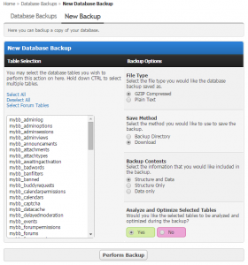 Options for backup with built in MyBB database backup tool.